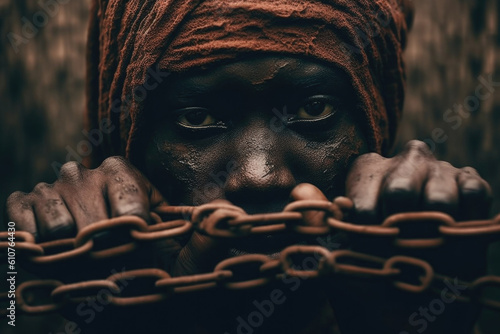 Male prisoner in chain. Slavery concept. Victim chained in captivity. Created with Generative AI