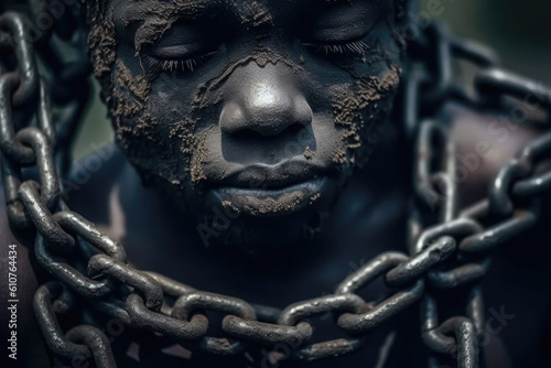 Male prisoner in chain. Slavery concept. Victim chained in captivity. Created with Generative AI