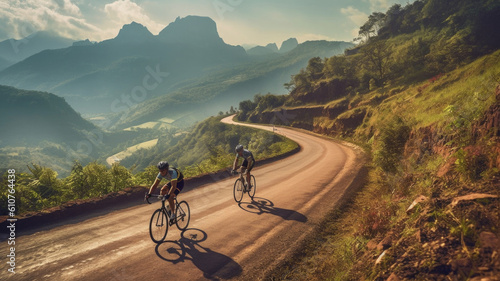 Cyclist riding bike at beautiful landscape with mountain road. Active outdoor sports. Created with Generative AI © Lazy_Bear