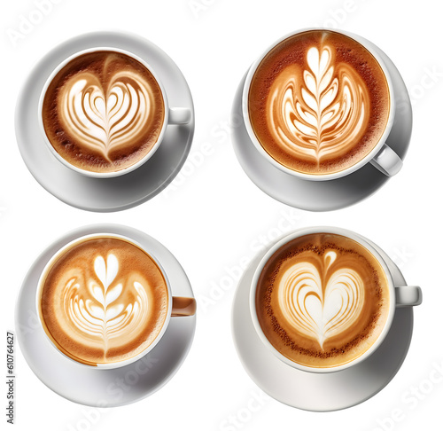 Coffee Latte Art. Assorted different range types isolated on transparent background cutout. PNG file