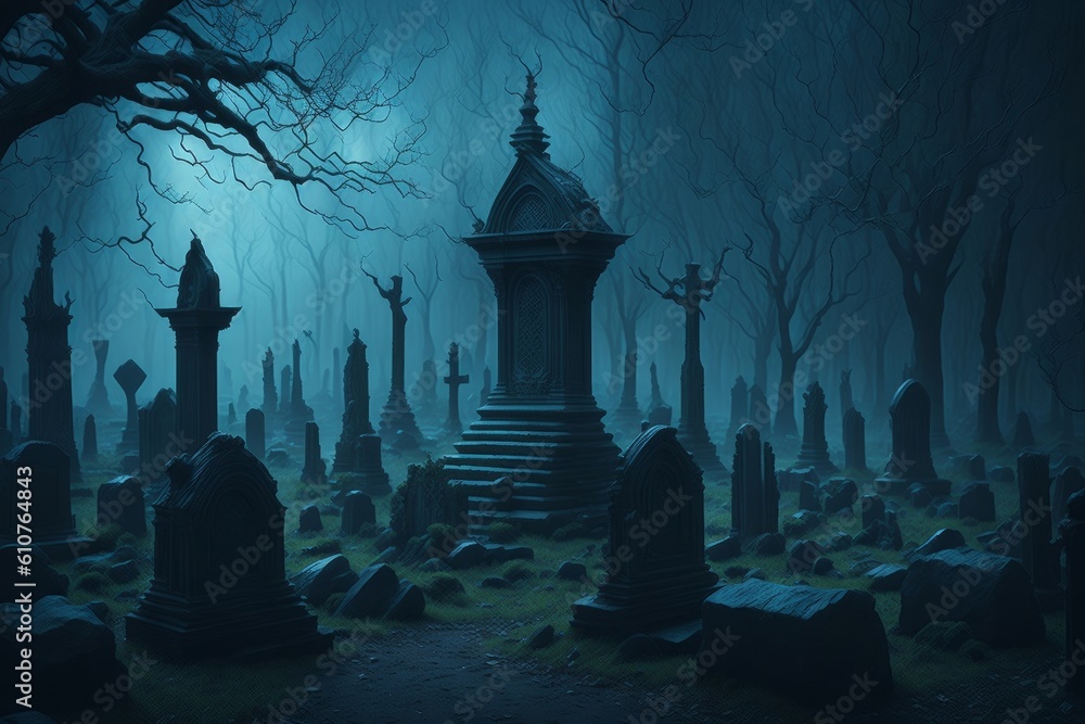 Halloween background with spooky graveyard,3d render illustration. Ai generated Halloween background with spooky graveyard,3d render illustration. Ai generated