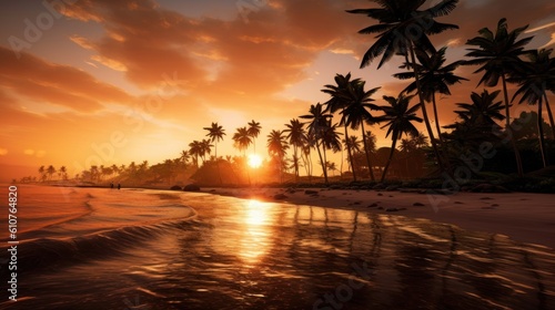 Serene coastal scene with a golden sunset, gently rolling waves, and palm trees swaying in the warm breeze