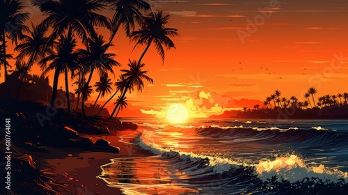 Serene coastal scene with a golden sunset  gently rolling waves  and palm trees swaying in the warm breeze