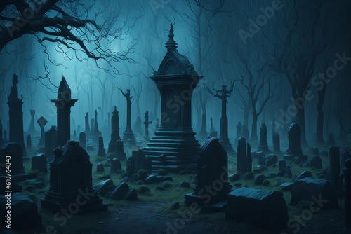 Halloween background with spooky graveyard 3d render illustration. Ai generated