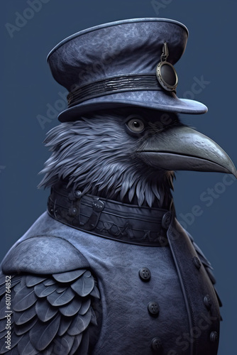 raven, corvid wearing hat and vest. Generative AI image.