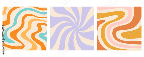 Retro Groovy Background, Trendy 70s Wavy Cover Set