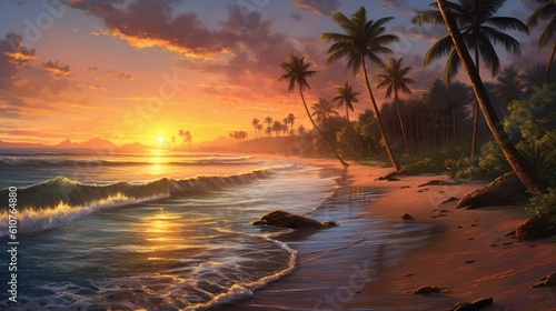Serene coastal scene with a golden sunset, gently rolling waves, and palm trees swaying in the warm breeze