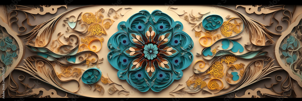 quilling card with intricate Arabic paper graphic of Islamic theme, banner, generative AI