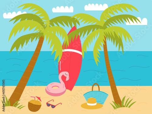 Vector beach with palms and hammock flat illustration. Flat sand beach landscape with surfboard, rubber ring and coconut cocktail