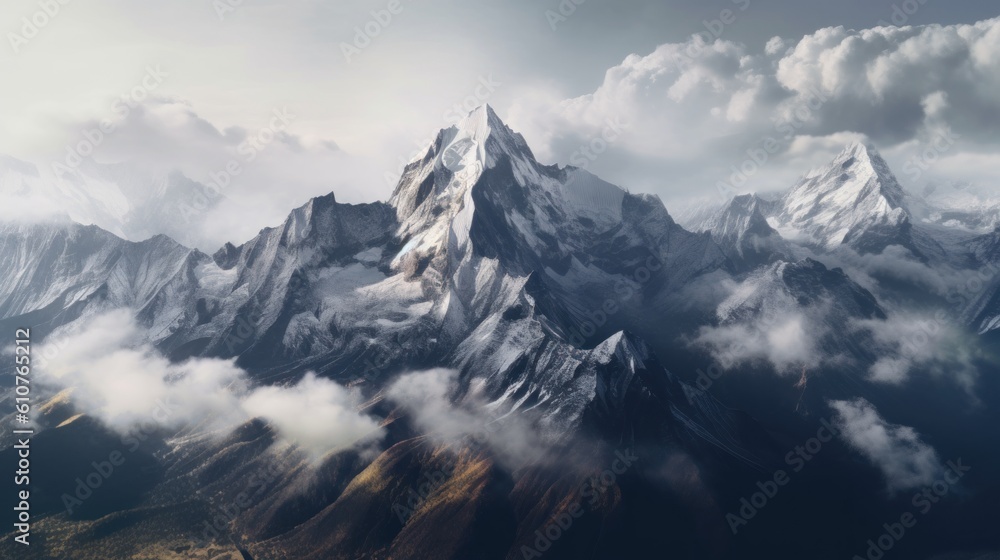 Obraz premium Stunning mountains range covered in a pristine blanket of snow, with jagged peaks piercing through the clouds