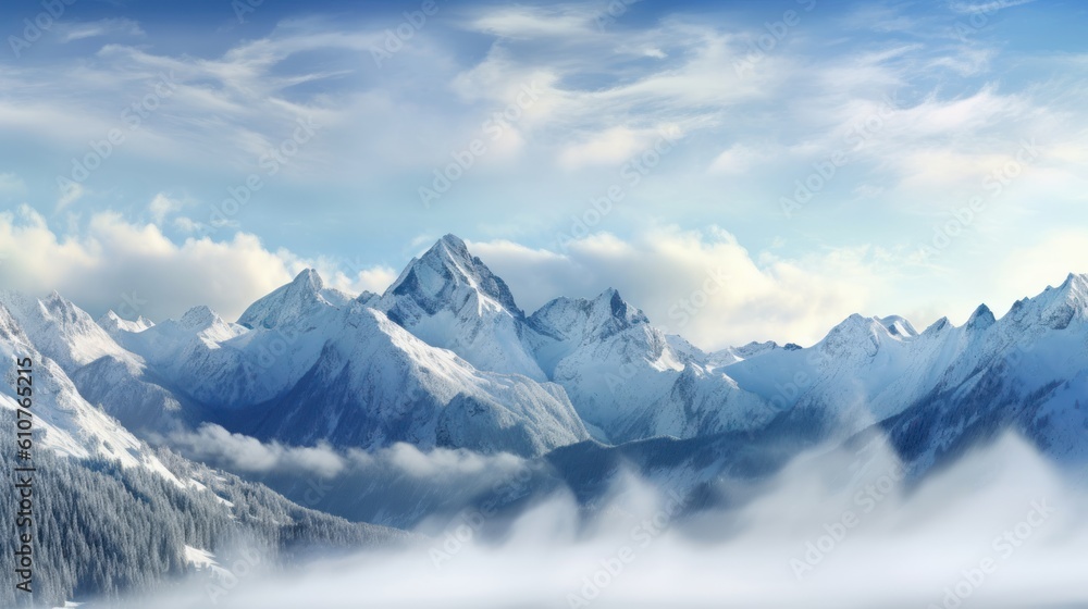 Stunning mountains range covered in a pristine blanket of snow, with jagged peaks piercing through the clouds Stunning mountains range covered in a pristine blanket of snow, with jagged peaks piercing through the clouds