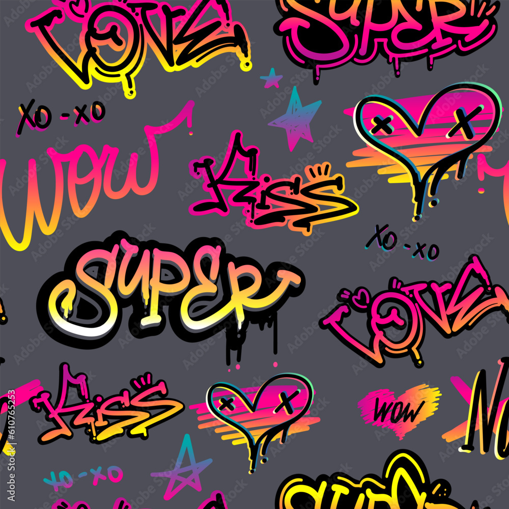 Abstract seamless Grunge pattern with street art style text. Graffiti repeat print. Cover urban lettering ornament with text Super, love, kiss, wow, xo xo. Girlish fashion background. Heart prints Abstract seamless Grunge pattern with street art style text. Graffiti repeat print. Cover urban lettering ornament with text Super, love, kiss, wow, xo xo. Girlish fashion background. Heart prints