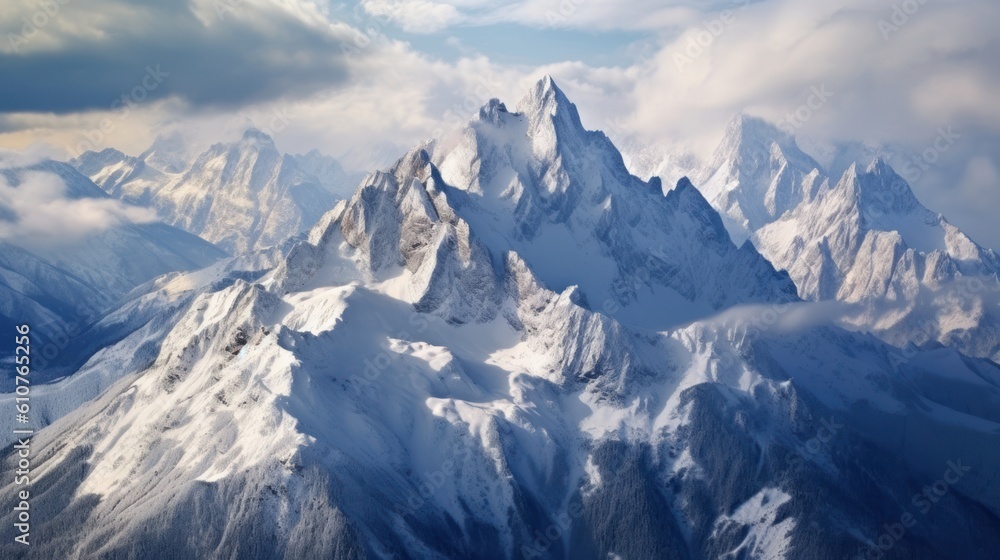 Stunning mountains range covered in a pristine blanket of snow, with jagged peaks piercing through the clouds