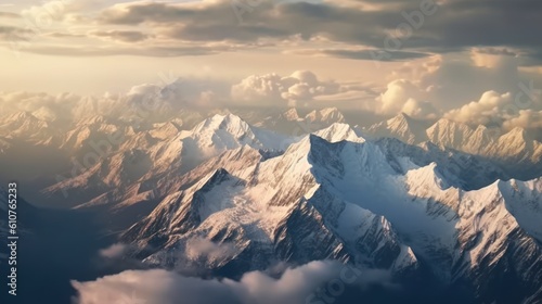 Stunning mountains range covered in a pristine blanket of snow, with jagged peaks piercing through the clouds