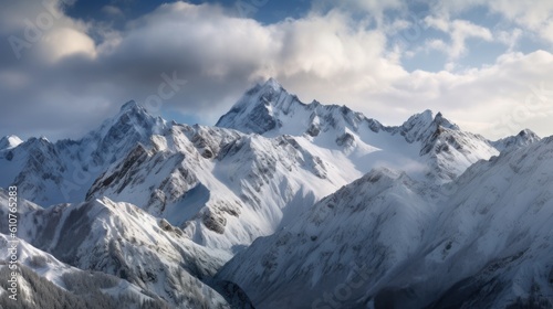 Stunning mountains range covered in a pristine blanket of snow  with jagged peaks piercing through the clouds