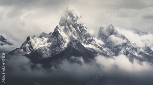 Stunning mountains range covered in a pristine blanket of snow, with jagged peaks piercing through the clouds © Damian Sobczyk
