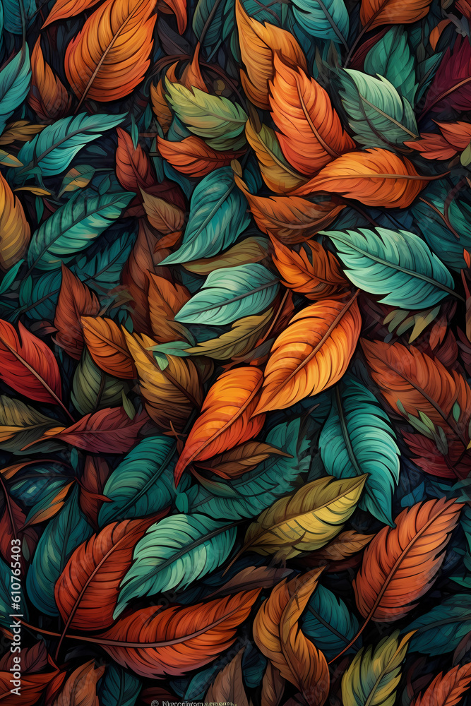 Captivating Illustration of Colorful Leaves Creating a Mesmerizing Background - Perfect for Nature-inspired Designs, Fall Season Promotions, Botanical Artwork, and Environmental Them. Generative AI Captivating Illustration of Colorful Leaves Creating a Mesmerizing Background - Perfect for Nature-inspired Designs, Fall Season Promotions, Botanical Artwork, and Environmental Them. Generative AI