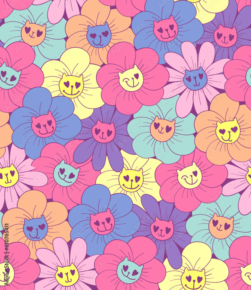 70s style flowers seamless pattern. Flower with cat faces and heart eyes. Dandelion endless ornament. Bloom repeat print. Blossom repeat wrapping paper. 70s style flowers seamless pattern. Flower with cat faces and heart eyes. Dandelion endless ornament. Bloom repeat print. Blossom repeat wrapping paper.
