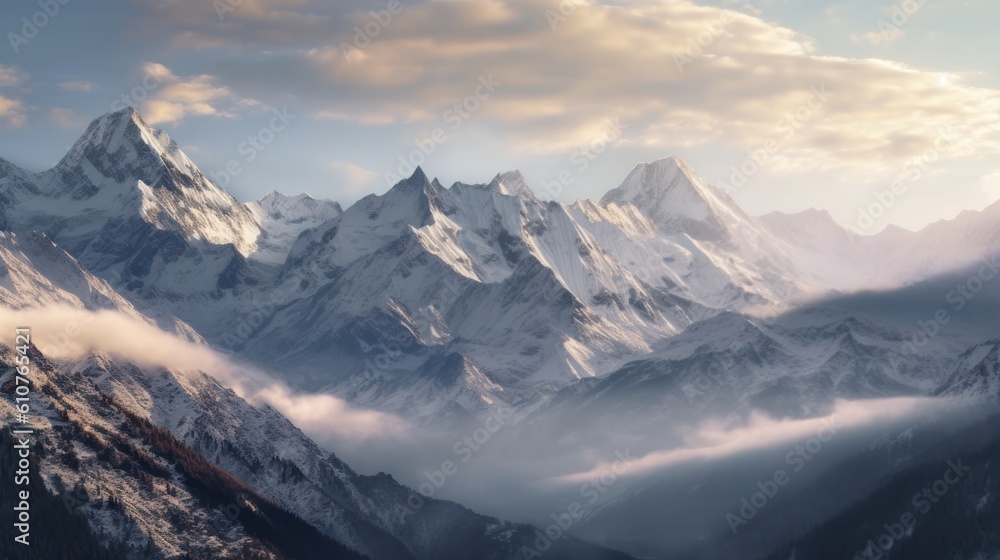 Obraz premium Stunning mountains range covered in a pristine blanket of snow, with jagged peaks piercing through the clouds