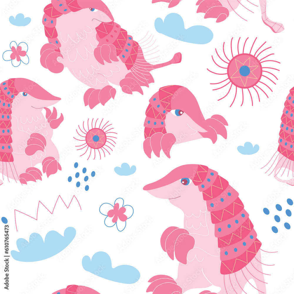 Pattern with Pink Fairy Armadillo or Chlamyphorus truncatus. Unique Animals. 