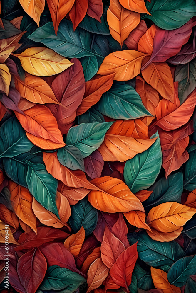 Captivating Illustration of Colorful Leaves Creating a Mesmerizing Background - Perfect for Nature-inspired Designs, Fall Season Promotions, Botanical Artwork, and Environmental Them. Generative AI Captivating Illustration of Colorful Leaves Creating a Mesmerizing Background - Perfect for Nature-inspired Designs, Fall Season Promotions, Botanical Artwork, and Environmental Them. Generative AI