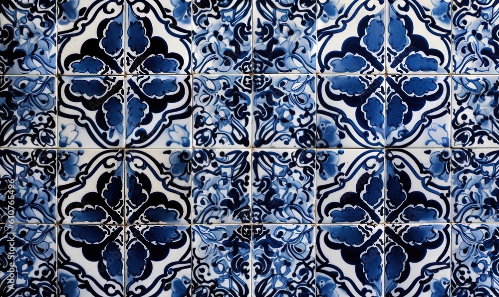  a blue and white tile wall with a pattern of flowers and leaves in the middle of the tile is a blue and white color scheme.  generative ai