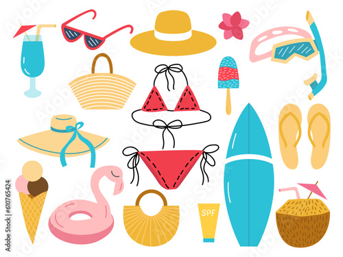 Different summer beach elements set. Vector flat style summer accessories set. Swim suit, straw hat, bag, sun glasses, slippers, ice cream