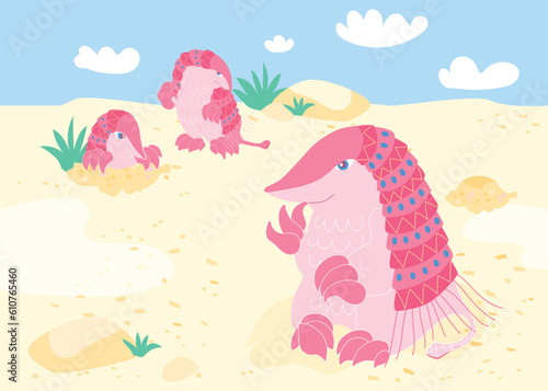 Pink Fairy Armadillo. Chlamyphorus truncatus in natural landscape, wildlife cartoon characters, vector illustration. Unique Animals. 