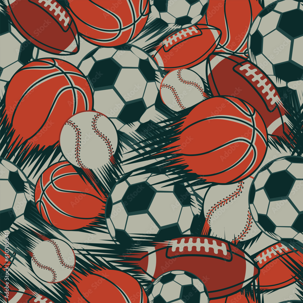 Sport seamless pattern with basketball, rugby ball, football, baseball. Sports repeat print. Footballs endless ornament. Equipment for sport.