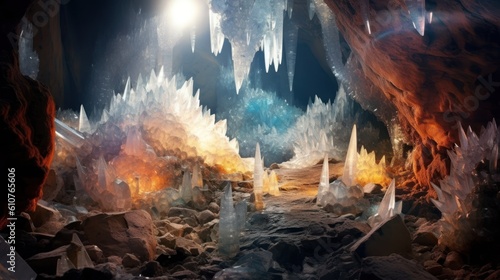 Underground cave system adorned with shimmering crystals of all colors, casting ethereal light and reflections