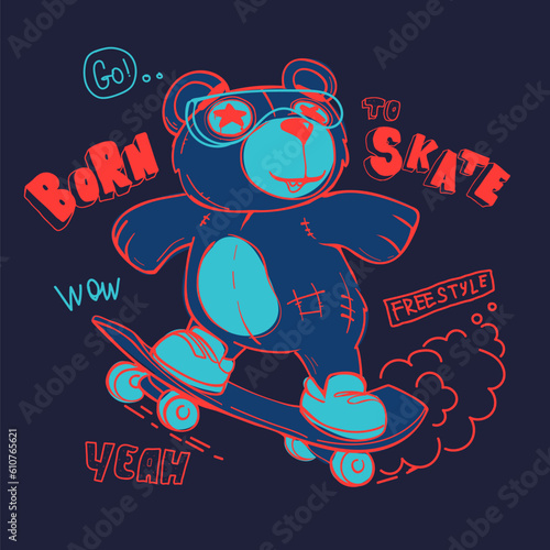 Funny bear on skateboard with sunglasses and lettering composition. Cartoon bear character skateboarder. Graffiti text. Teenager animal.