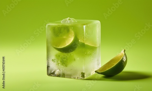  a lime and limeade drink in a square glass with ice and lime slices on a green background with a lime wedge in the foreground.  generative ai © Olga