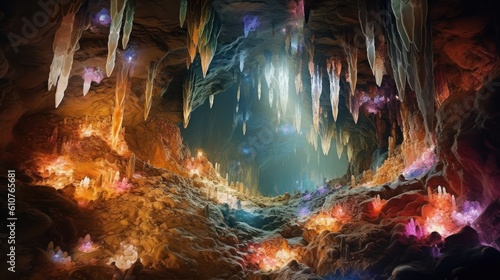 Underground cave system adorned with shimmering crystals of all colors, casting ethereal light and reflections