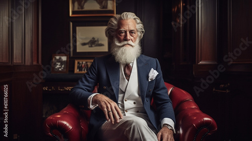 An elegant elderly gentleman with a distinguished white beard and a tailored three-piece suit, radiating timeless sophistication Generative AI