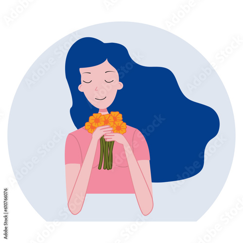 A girl sits and holds flowers in her hands, a woman enjoys flowers, a young woman smells yellow flowers, flat vector illustration, cartoon.