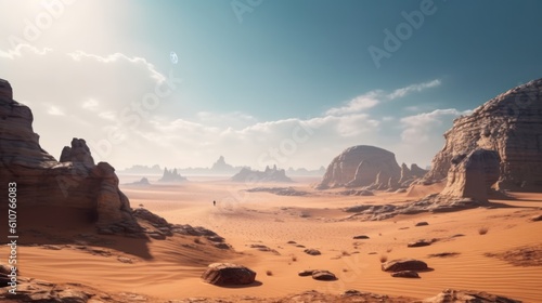 Vast desert landscape with shifting sand dunes, mysterious rock formations, and a sense of solitude and mystery