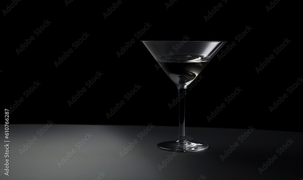 a martini glass sitting on a table with a black background and a light reflecting on the glass and the glass has a slight reflection on the table. generative ai a martini glass sitting on a table with a black background and a light reflecting on the glass and the glass has a slight reflection on the table. generative ai