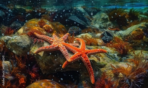  a starfish is sitting on a rock in the ocean with seaweed and rocks in the foreground and water bubbles in the background.  generative ai