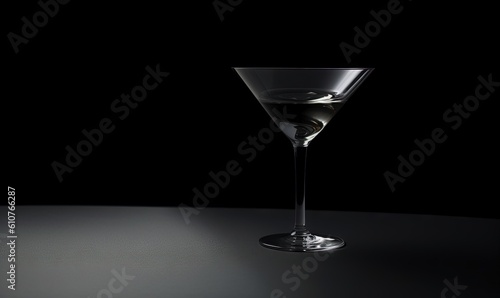  a martini glass sitting on a table with a black background and a light reflecting on the glass and the glass has a slight reflection on the table. generative ai