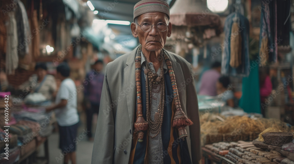 A wise and stylish senior strolling through a market, adorned in cultural attire, showcasing heritage and a deep sense of personal style Generative AI A wise and stylish senior strolling through a market, adorned in cultural attire, showcasing heritage and a deep sense of personal style Generative AI