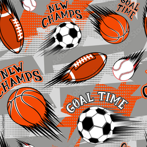 Soccer ball seamless pattern. Football repeat print. Basketball endless ornament. Rugby ball cover wallpaper. Grunge geometric background. Sport Lettering composition Goal time and new champion.