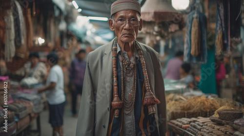 A wise and stylish senior strolling through a market, adorned in cultural attire, showcasing heritage and a deep sense of personal style Generative AI