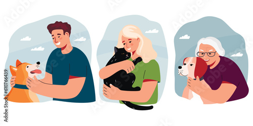 Set of people hugging dogs and cat.Young man,woman and old lady with their pets.Happy smiling characters have fun together with animals.Collection of colorful vector illustrations in flat style.