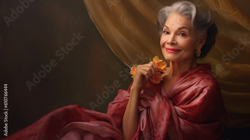 An ageless beauty with a radiant smile, wearing a classy and timeless ensemble, capturing the essence of grace and inner confidence Generative AI