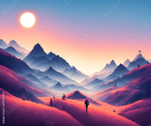 A hiker going to the mountain hit the sunset with Generative AI technology	
 photo