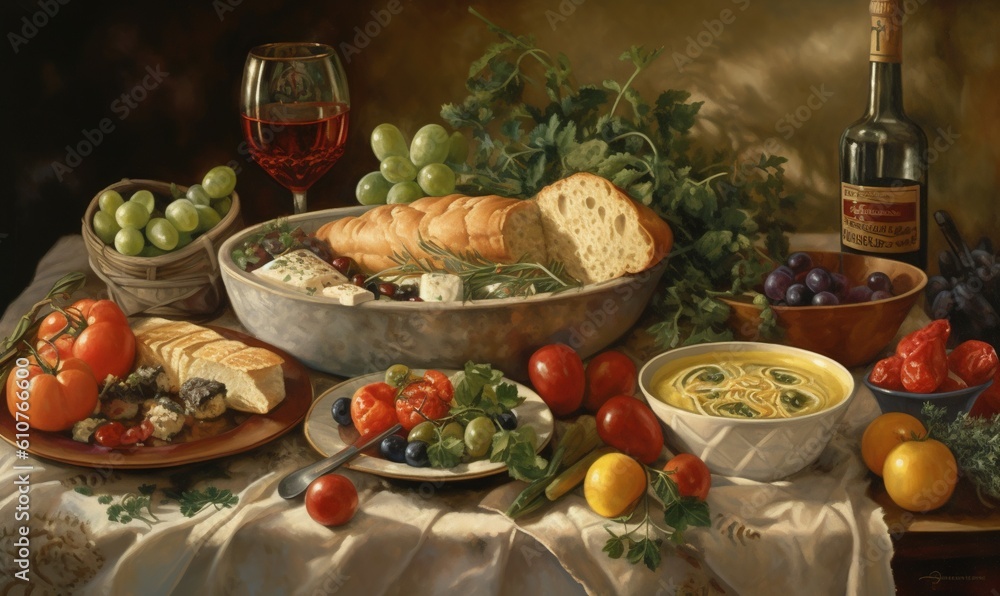a painting of a bowl of soup, bread, grapes, tomatoes, bread, breadsticks, bread, and other food on a table. generative ai a painting of a bowl of soup, bread, grapes, tomatoes, bread, breadsticks, bread, and other food on a table. generative ai