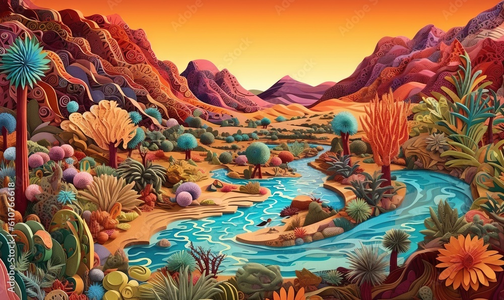  a painting of a desert with a river and mountains in the background and a sunset in the distance with a person on a raft in the water.  generative ai