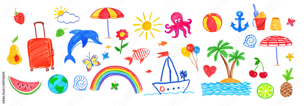 Illustration set of summer seaside vacation isolated child drawings