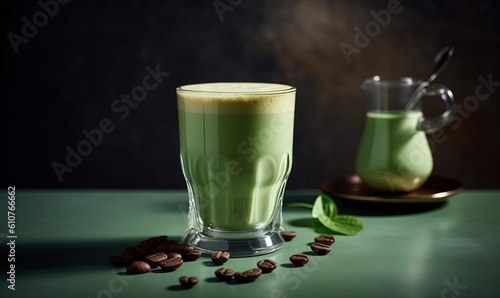  a green drink with a spoon and some coffee beans on a green table with a black background and a brown plate with a green drink in it. generative ai