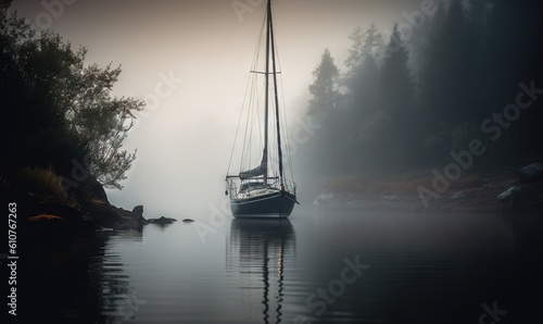  a sailboat in the water on a foggy day with trees in the background and a duck swimming in the water in the foreground. generative ai